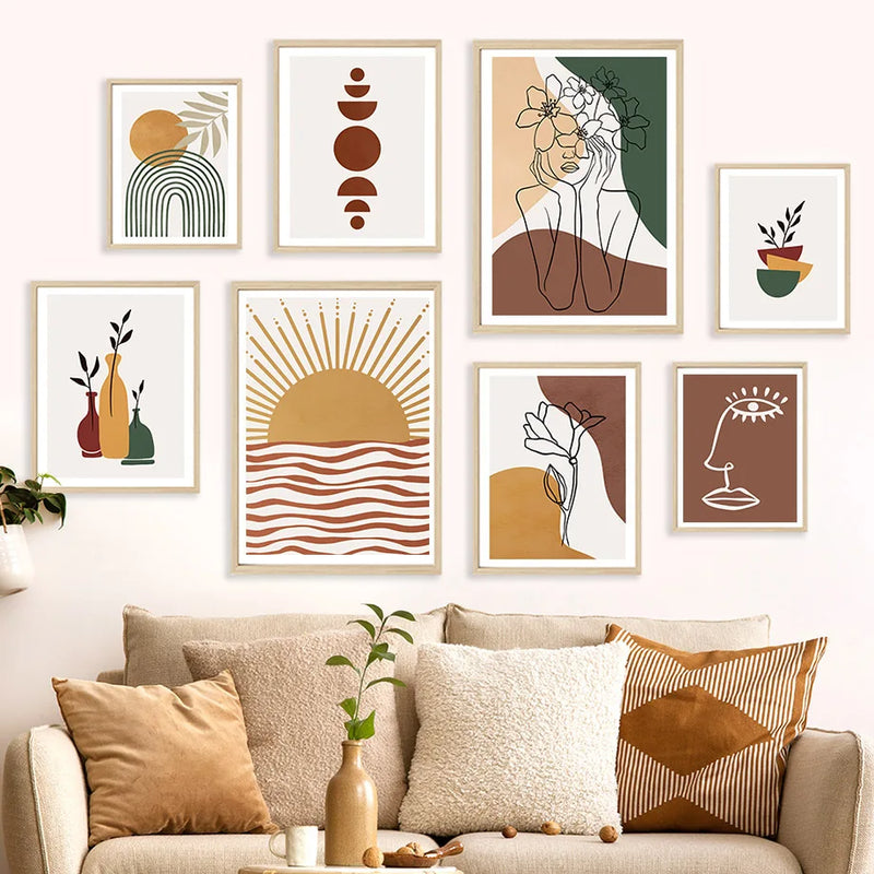 art mural abstrait boho soleil lune fleur arc-en-ciel décoratif