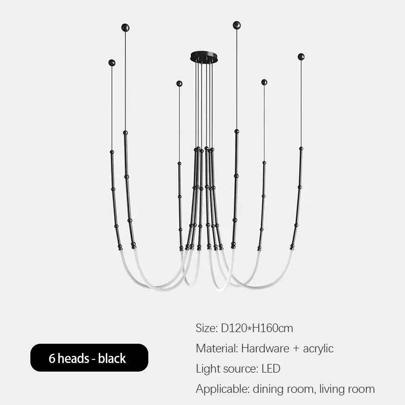 lustre moderne en bambou fer et silicone avec lumières led - vue 9 sur 17