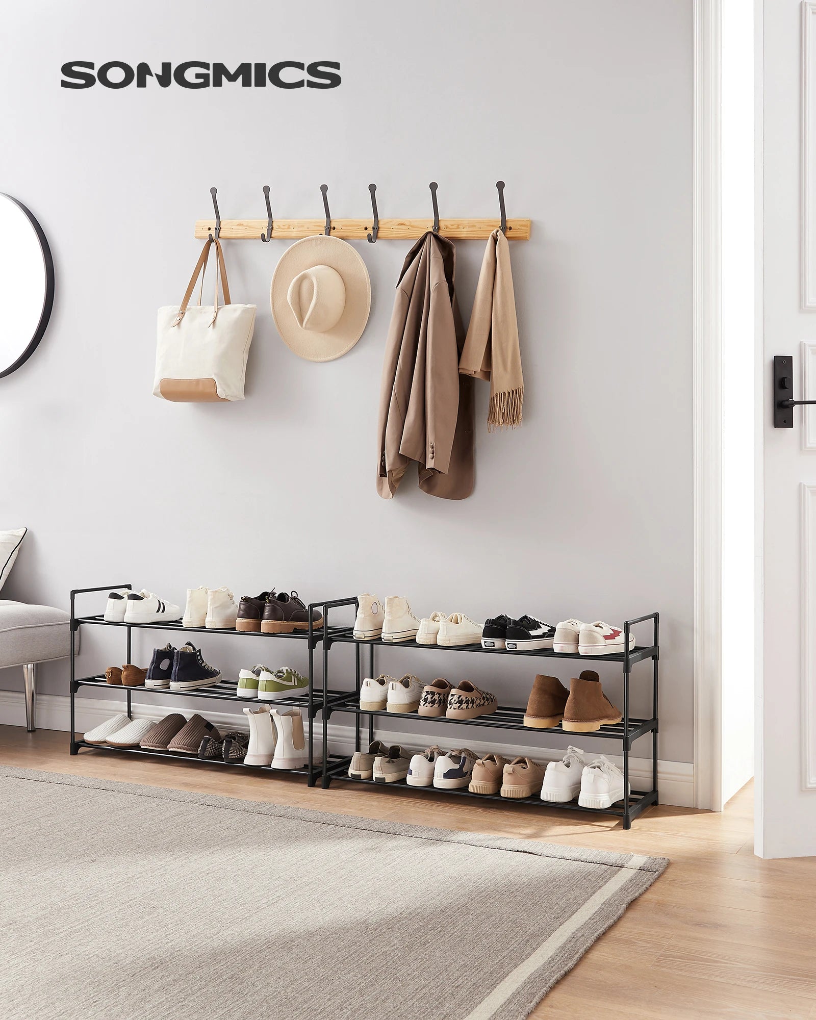 SONGMICS 3-Tier Shoe Rack, Shoe Storage Organizer, Set of 2 Metal Storage Rack, Stackable Shoe Shelf, for Hallway, Living Room