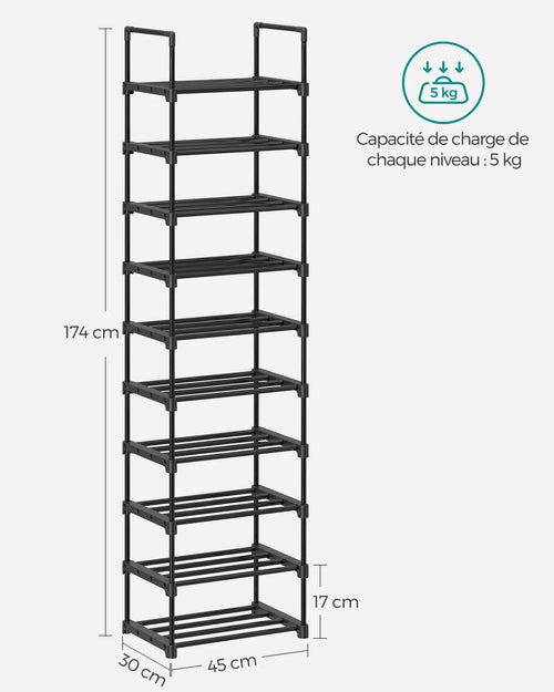 SONGMICS Shoe Rack, 10-Tier Metal Shoe Storage Organizer, Customizable Design, Metal Frame, Space-Saving Rack - vue 7 sur 7