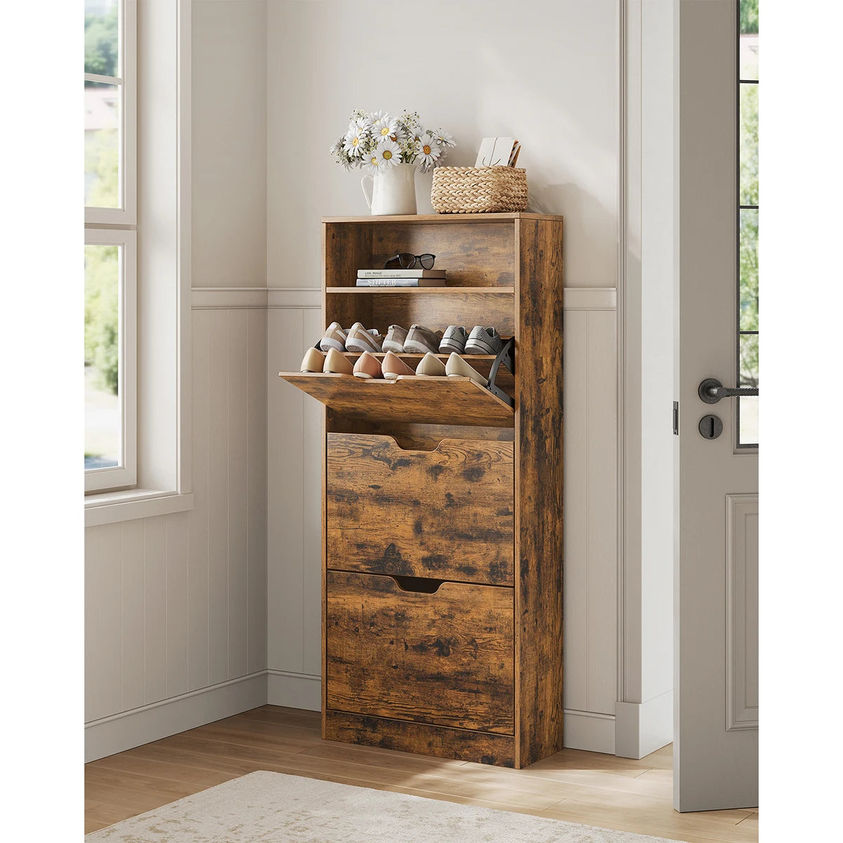 Shoe Cabinet with 3 Hinged Doors, Open Compartment, Adjustable Divider, 14 to 18 Pairs, 24 x 60 x 139 cm, Brown - vue 4 sur 8