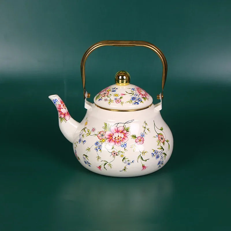 Bouilloire email vintage florale poignée dorée 1 5l