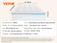 VEVOR Mattress Topper Queen Size 3 in / 4 in Thickness, Memory Foam & Fiber Fill, Ergonomically Designed for Pressure Relief