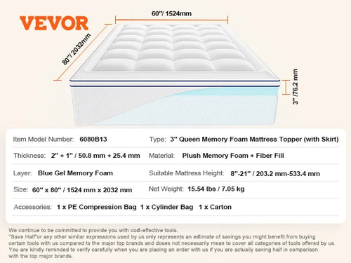 VEVOR Mattress Topper Queen Size 3 in / 4 in Thickness, Memory Foam & Fiber Fill, Ergonomically Designed for Pressure Relief