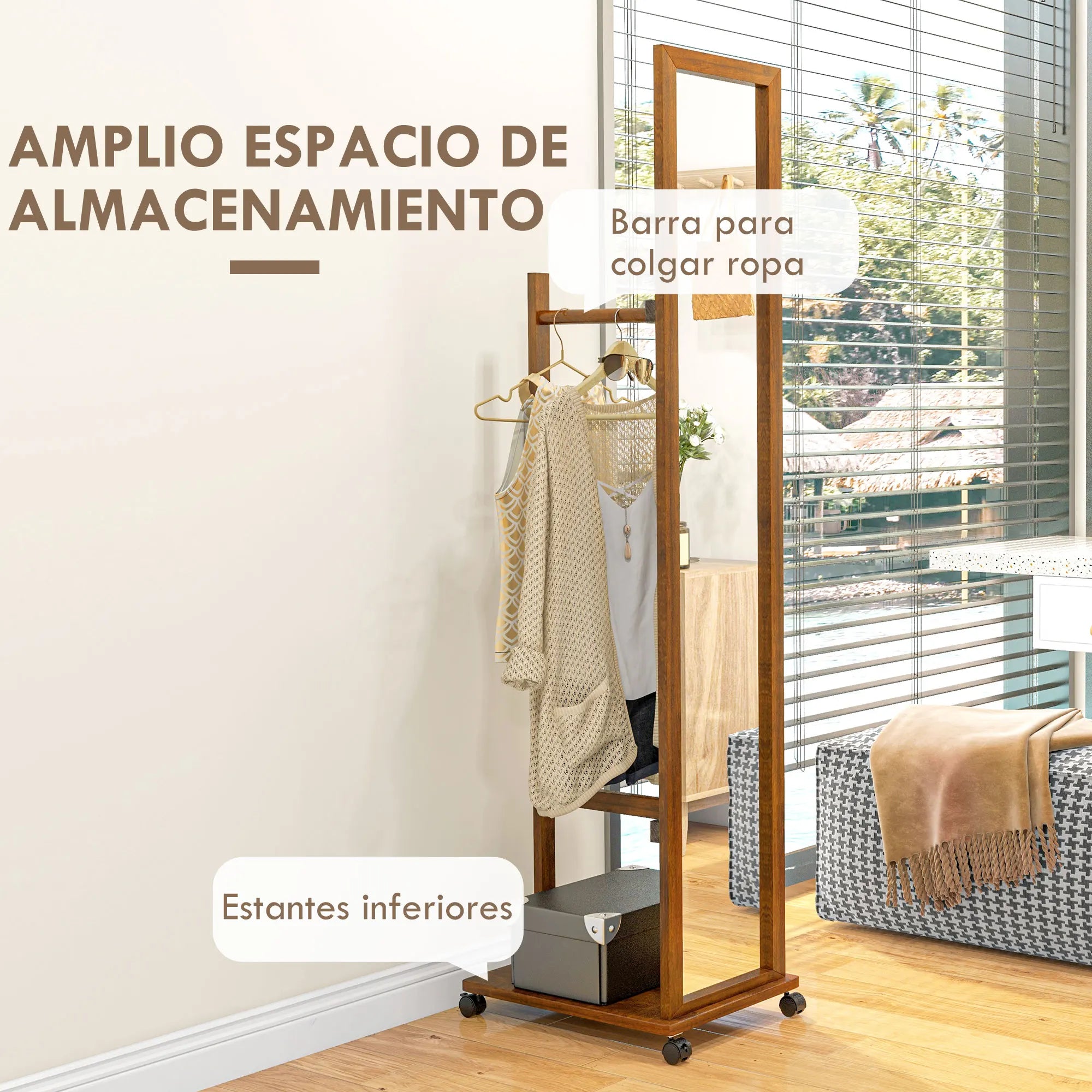HOMCOM full body mirror with wheels bar shelf 35,5x49,5x167,8 cm Walnut - vue 4 sur 7