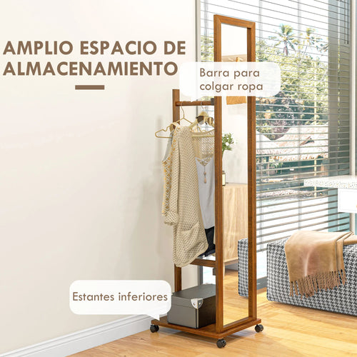 HOMCOM full body mirror with wheels bar shelf 35,5x49,5x167,8 cm Walnut - vue 5 sur 7