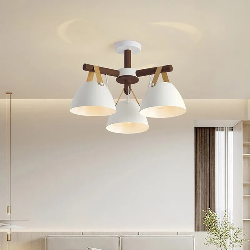 Plafonnier LED en bois avec ceinture en cuir - vue 5 sur 12