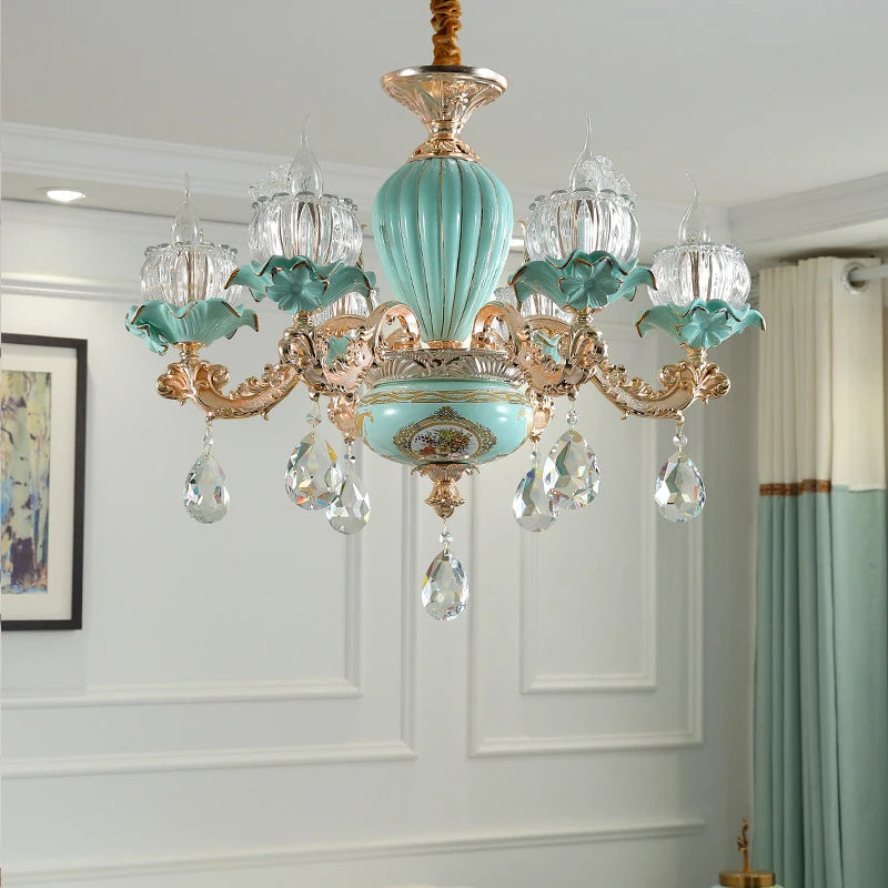 lustre de luxe moderne style européen rétro en cristal et céramique - vue 7 sur 13