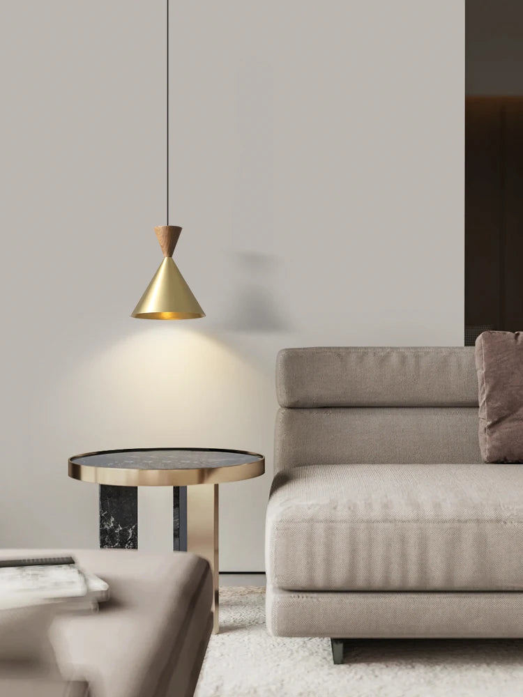 Modern and Minimalist Master Bedroom Bedside Pendant Light, Personalized and Luxurious All Copper Walnut Bar Hanging Line Light - vue 4 sur 10