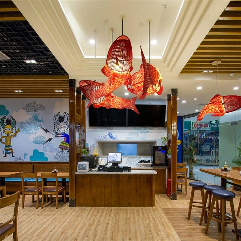 suspension Moderne en bois gros poisson lumières style chinois bambou créatif restaurant - vue 4 sur 12