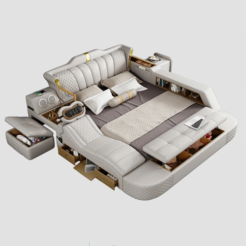 Tech Smart Bed 2 People with King Size Bed Frame Queen, Genuine Leather, Massage, USB, Bluetooth Speaker, and Safe By MINGDIBAO - vue 2 sur 8