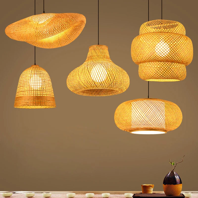 lustre style chinois fait main en bambou tissage pastoral vintage - vue 4 sur 30