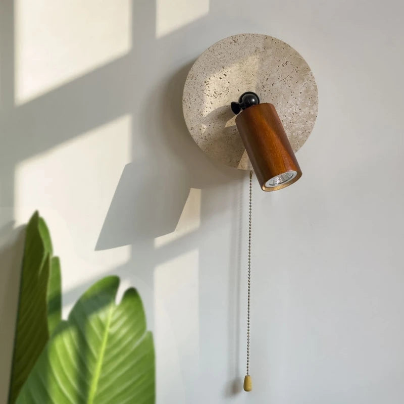 applique murale en pierre et bois avec interrupteur et ampoule ronde - vue 3 sur 10