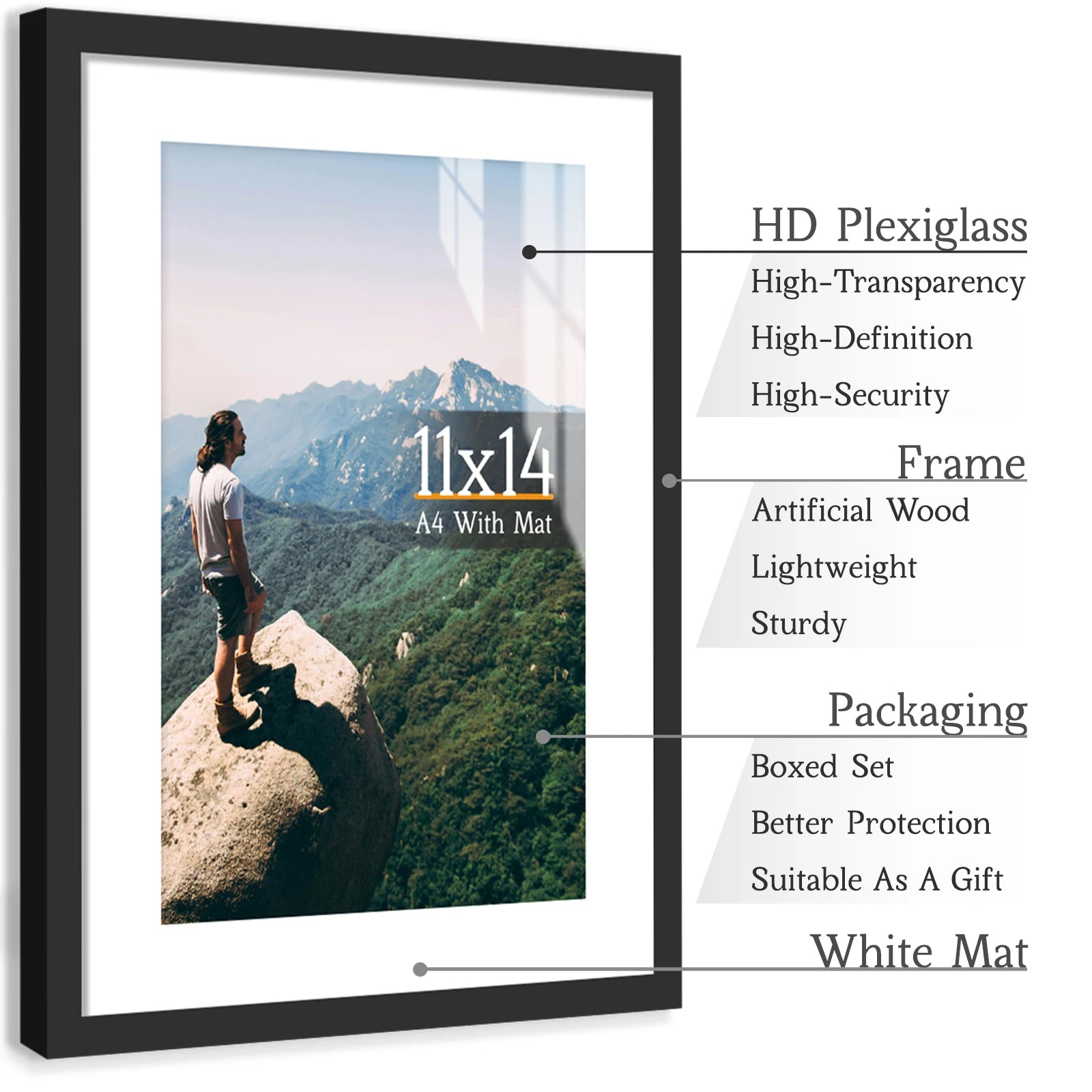 3pcs 11x14 Picture Frames Boxed Set, Display Pictures A4-Size With Mat or 11x14 Without Mat, Black/White/Burlywood Photo Frames - vue 5 sur 9