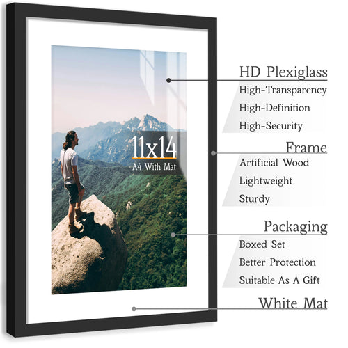 3pcs 11x14 Picture Frames Boxed Set, Display Pictures A4-Size With Mat or 11x14 Without Mat, Black/White/Burlywood Photo Frames - vue 6 sur 9
