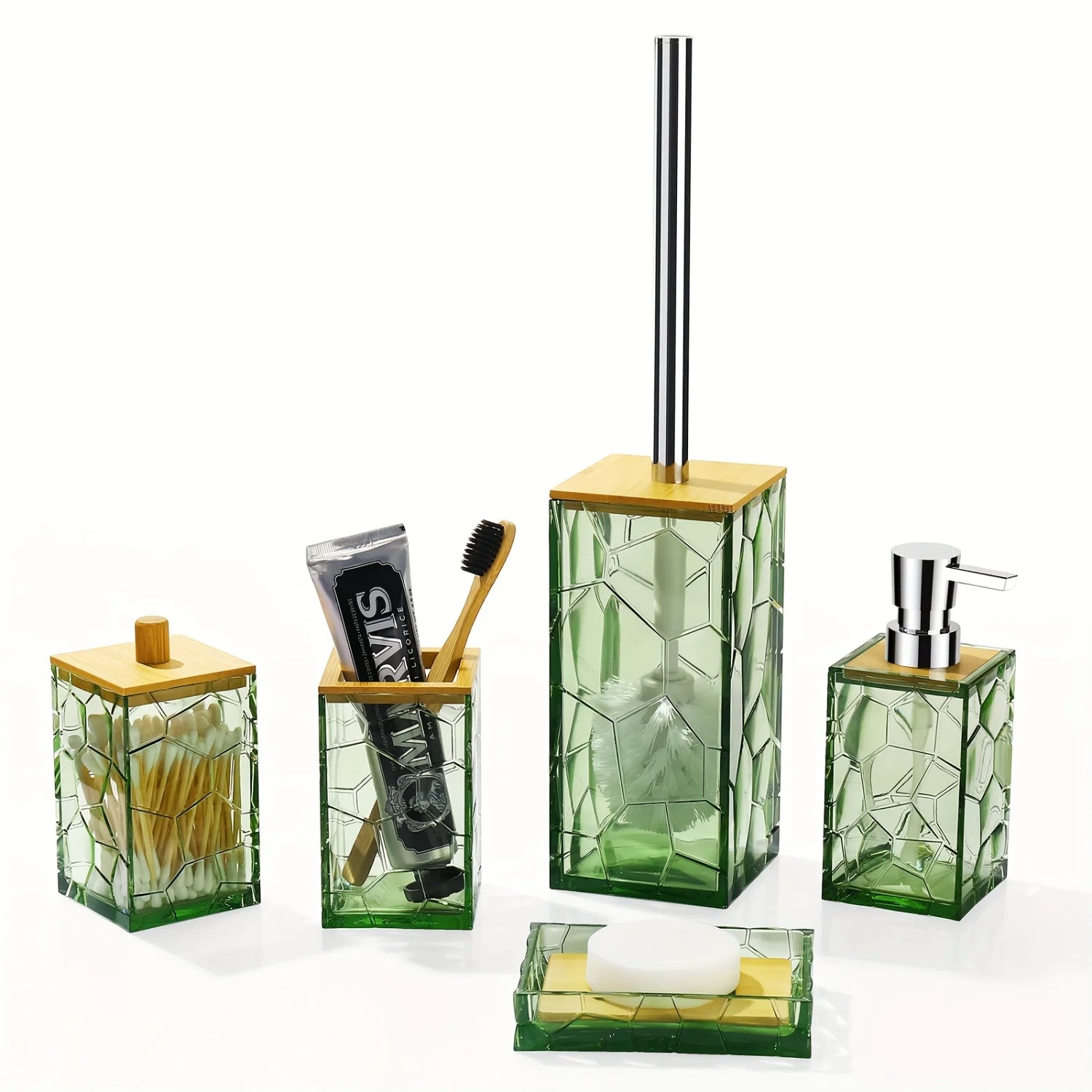Bathroom Accessory Set, Acrylic Bamboo Accessories, Includes Toothbrush Holder, Soap Dispenser, Cotton Swab Holder, Soap Dish, T