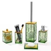 Bathroom Accessory Set, Acrylic Bamboo Accessories, Includes Toothbrush Holder, Soap Dispenser, Cotton Swab Holder, Soap Dish, T
