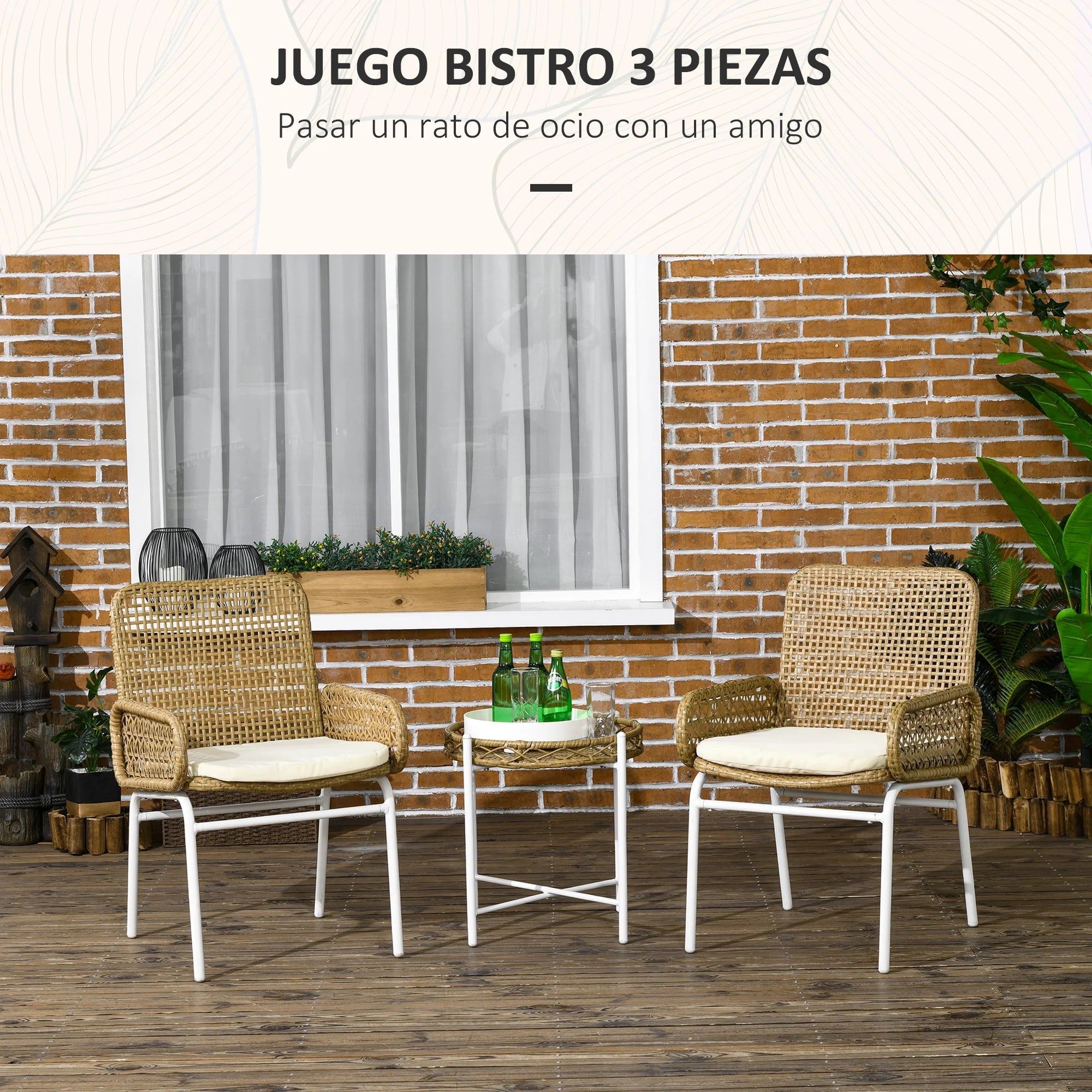 ensemble table et chaises de jardin naturel 3 pièces - vue 7 sur 6