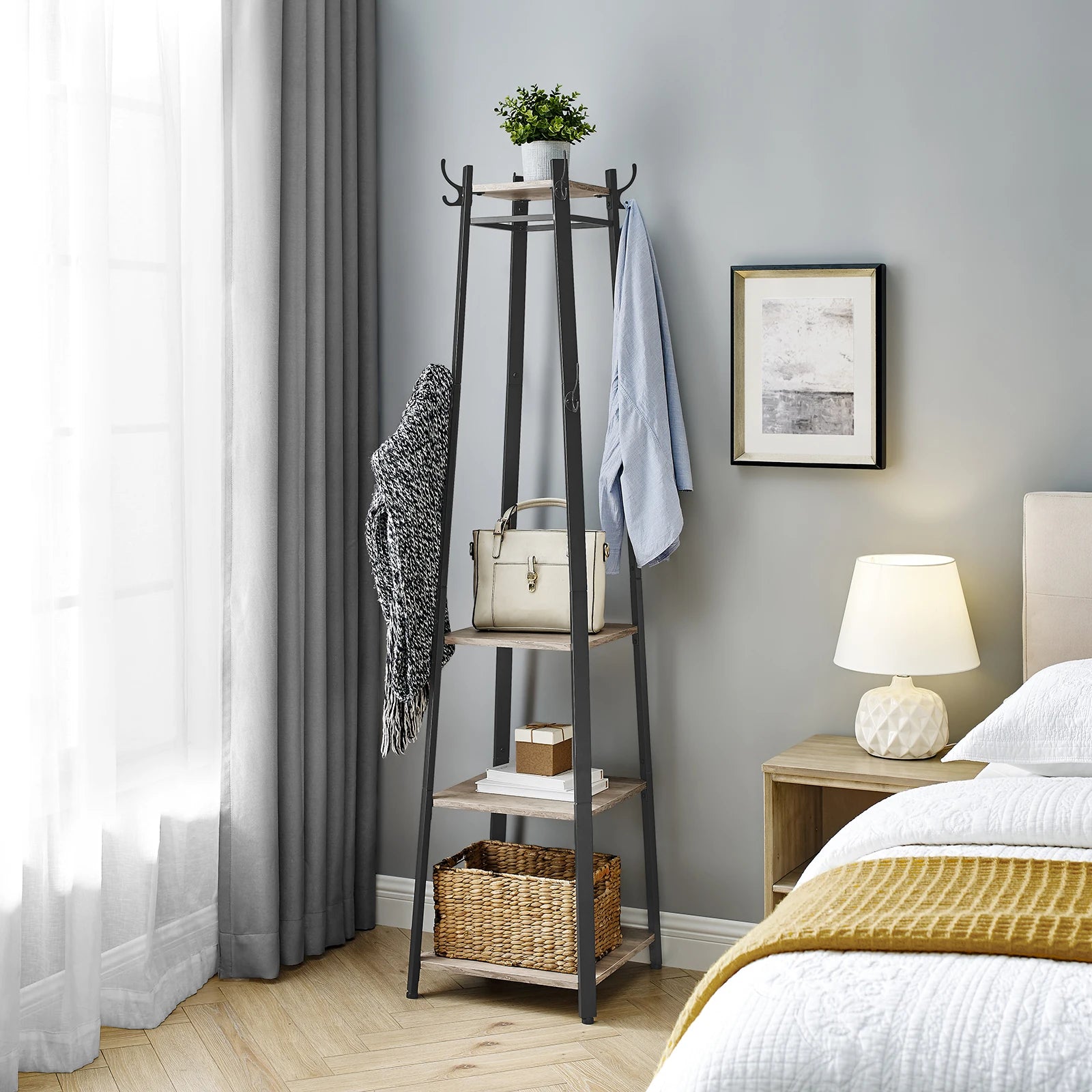 VASAGLE Coat Rack, Cloakroom, Clothes Rack with 3 Tier Shelf, Hooks and Rails, Steel Frame, Industrial Style - vue 3 sur 8