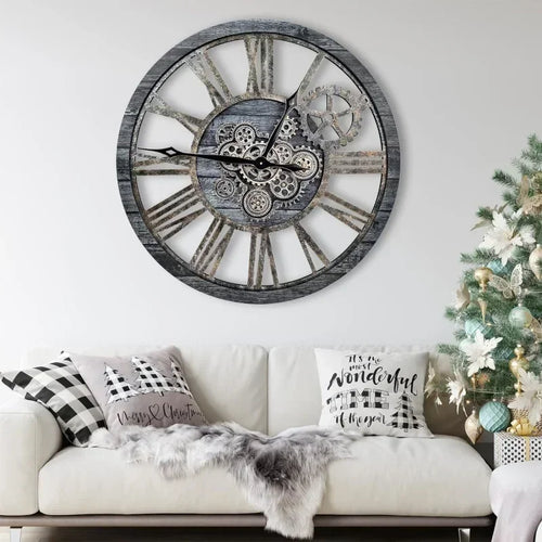 horloge murale en bois style rétro avec engrenages mobiles décorative
