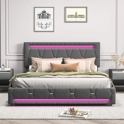 Upholstered Double Bed 140x200cm,LED Bed with 4 Drawers and Adjustable Headboard,Bed Frame with Wooden Slatted Frame,No Mattress - vue 3 sur 7