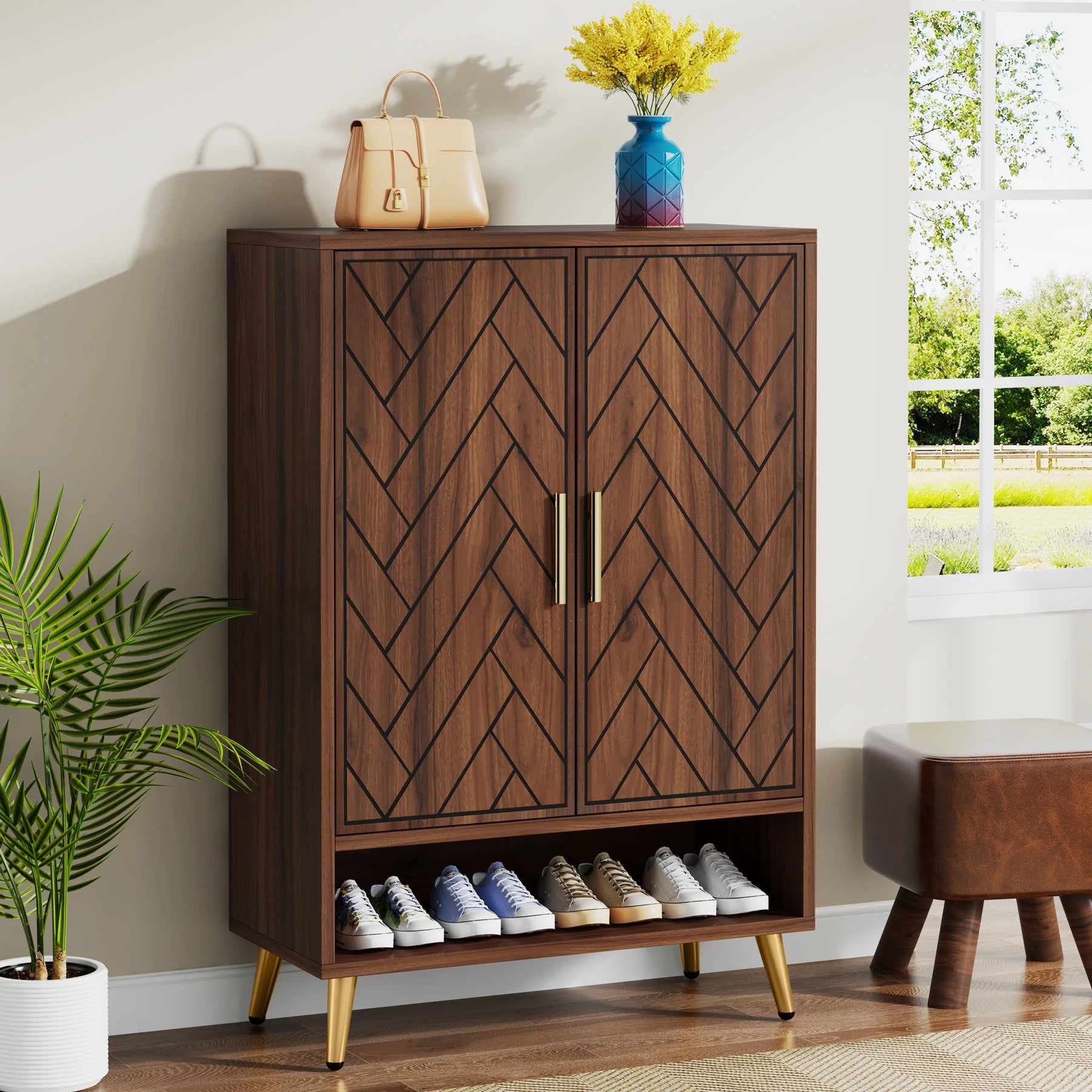Tribesigns 6-Tier Shoe Cabinet with Doors, Walnut Wooden Shoe Storage Cabinet with Adjustable Shelves for Entryway - vue 3 sur 7