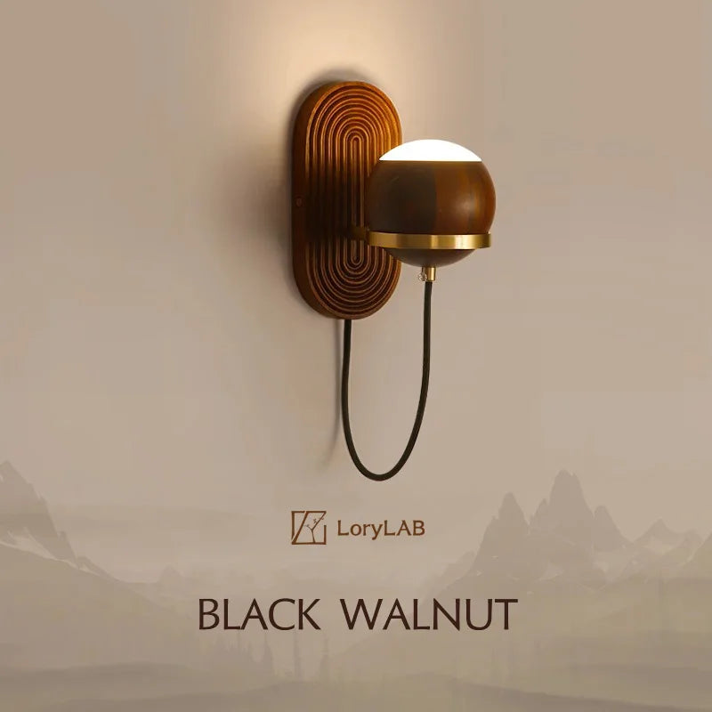 Walnut Wood Circular Sphere, Wabi-sabi minimalist Modern style, Wall Sconce light for Bedroom, Bedside, Living, Dining Room - vue 2 sur 8