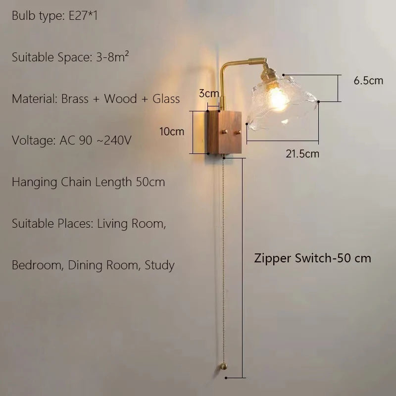 Vintage Japanese wooden wall light minimalist design with switch - vue 10 sur 13