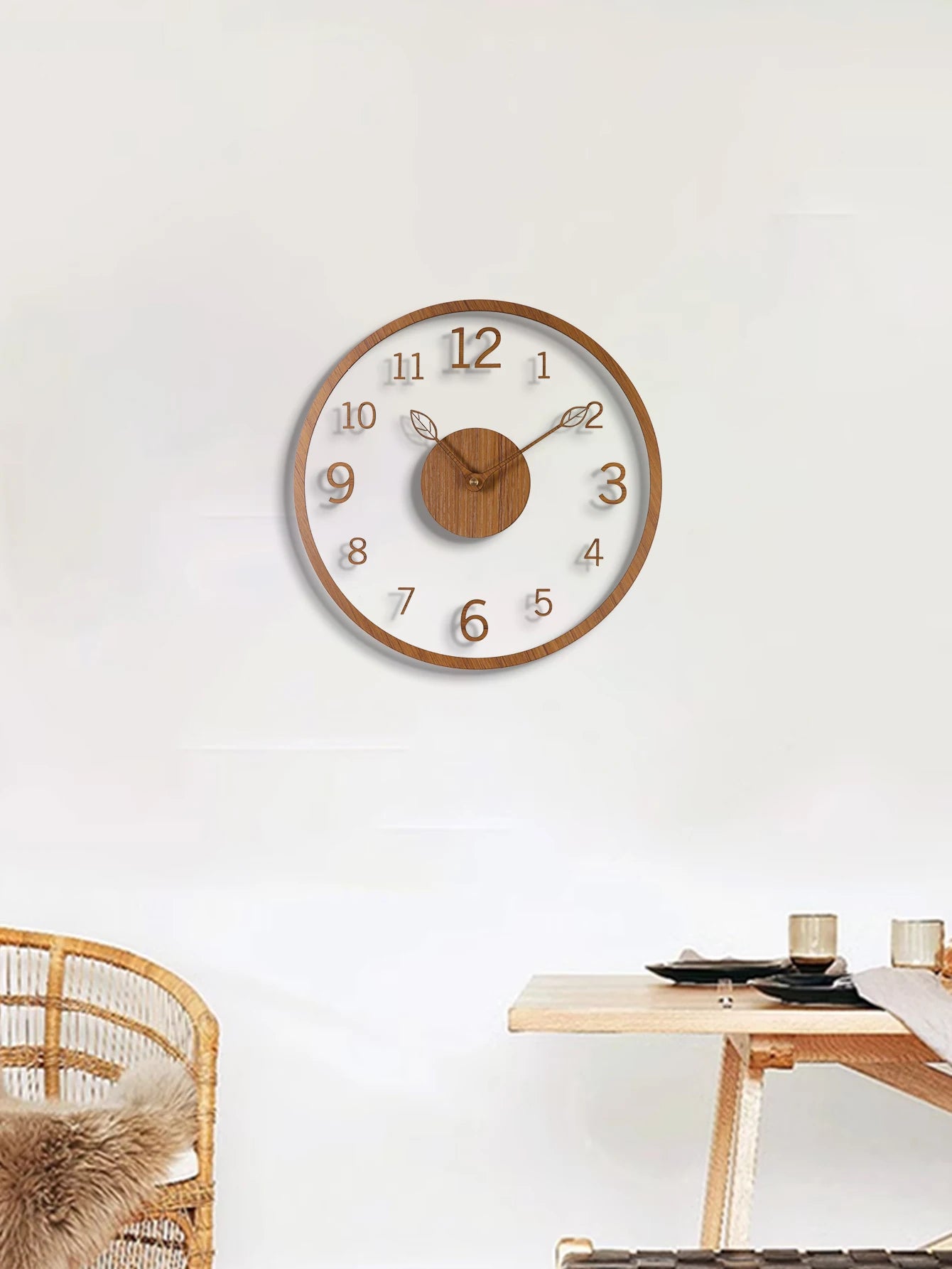 Transparent minimalist wall clock, tree leaf pointer, wood grain wall clock, silent living room, bedroom, office, and holiday de - vue 4 sur 7