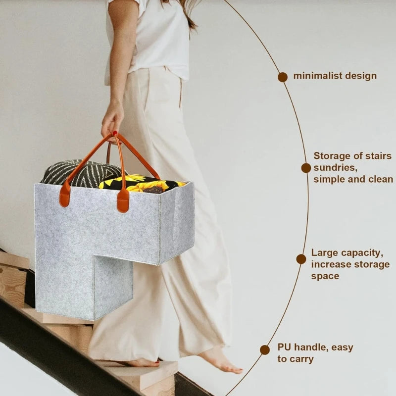 panier d'escalier pliable en feutre avec poignées en cuir - vue 11 sur 11