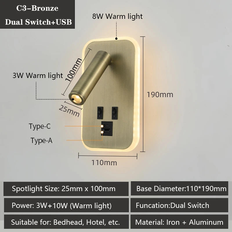 applique murale led moderne avec ports usb et lampes de lecture réglables - vue 11 sur 16