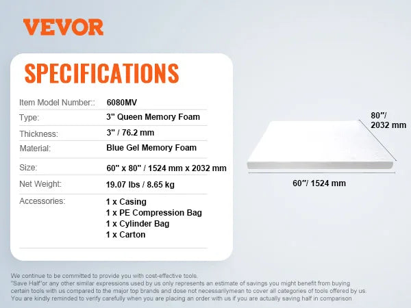 VEVOR Mattress Topper Queen Size 2" / 3" Thickness Soft Memory Foam Mattress Pad, Cooling Gel Infusion Comfy Support for Any Bed - vue 7 sur 8