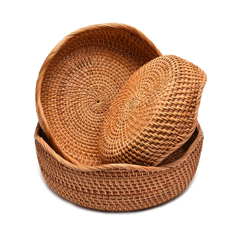 HeMu-Round Rattan Woven Basket, Wicker Fruit Basket, Bread Food, Kitchen Home Decor, Organizer Breadbasket for Kitchen - vue 3 sur 13