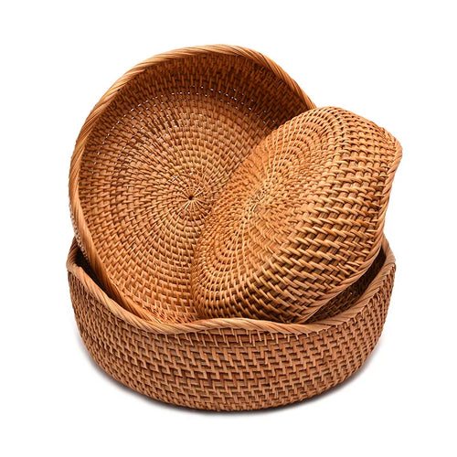 HeMu-Round Rattan Woven Basket, Wicker Fruit Basket, Bread Food, Kitchen Home Decor, Organizer Breadbasket for Kitchen - vue 4 sur 13
