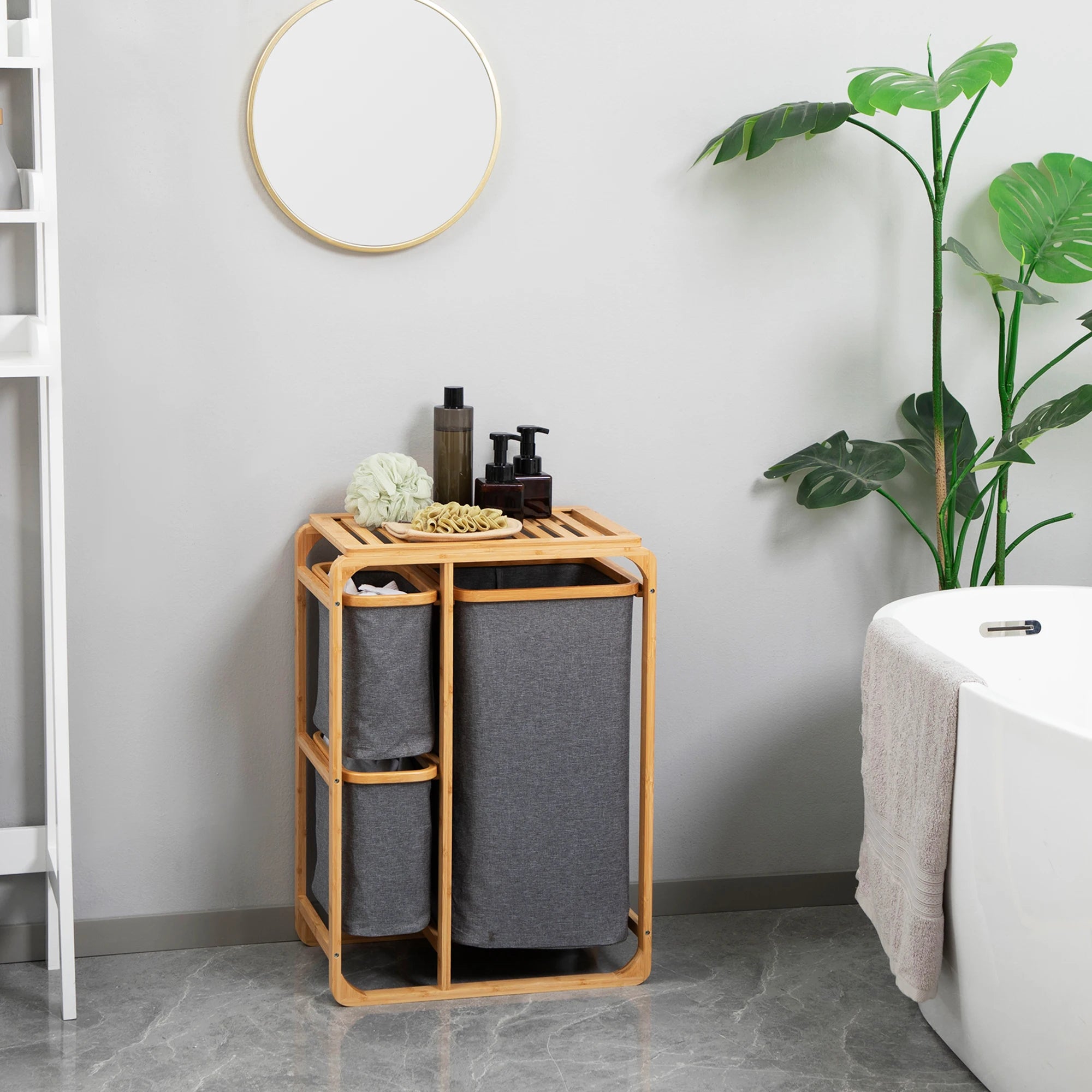 HOMCOM bamboo laundry hamper 3 removable fabric bags 50x32x69,7 cm - vue 2 sur 7