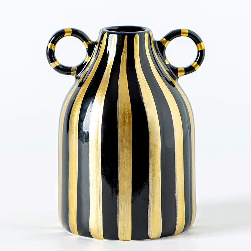 Double Ear Ceramic Vase, Abstract Black and White Striped Hydroponic Vase, Living Room Decoration, Room Aesthetic Decoration