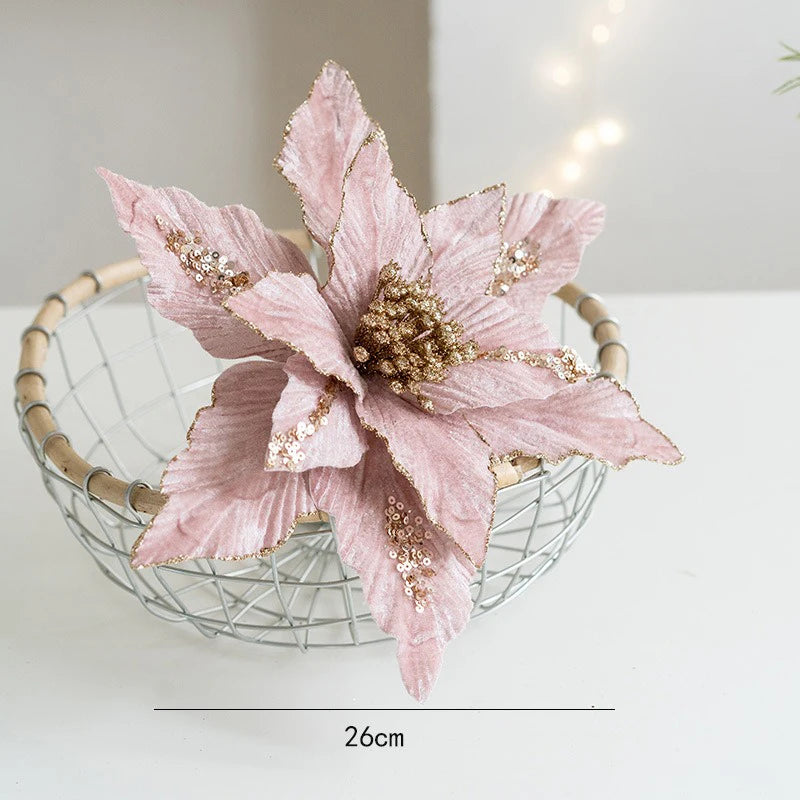 fleur de noël artificielle en velours pailleté décoration festive pour maison - vue 7 sur 12