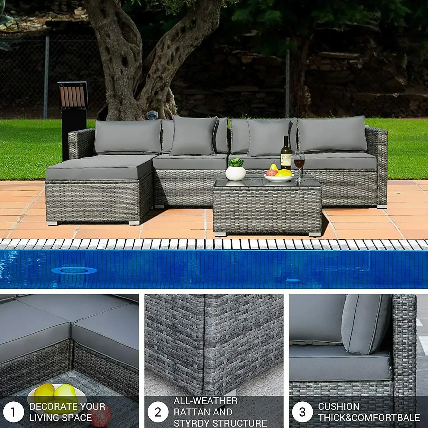 ensemble de canapés dangle en rotin pour jardin avec coussins et table basse - vue 8 sur 8