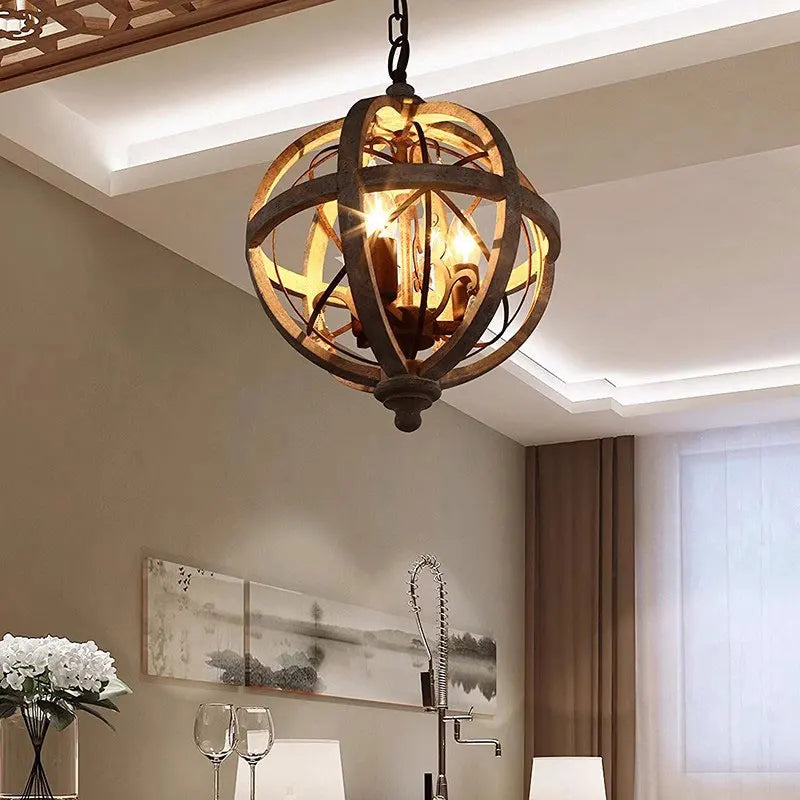 lustre en bois style campagne américaine avec détails en cristal