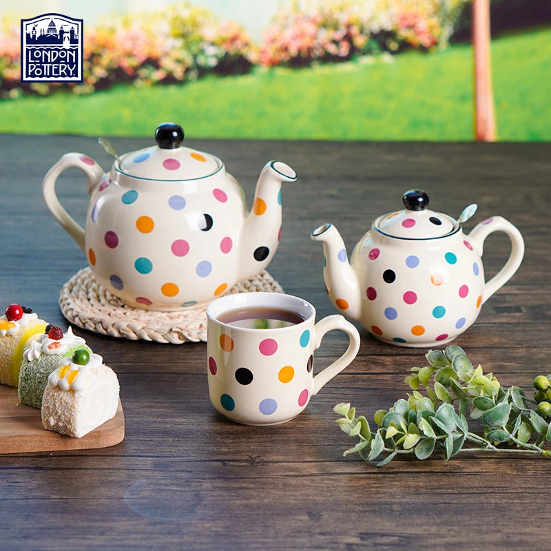 Théière céramique style british motif pois pour thé - vue 2 sur 5