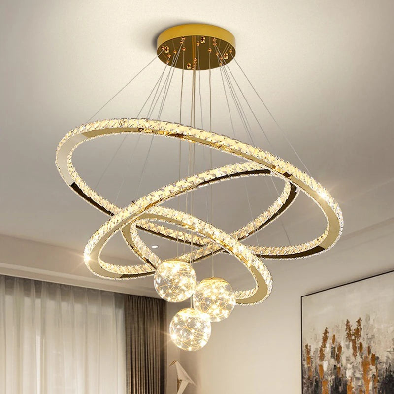 lustre led moderne en cristal doré anneau étoile boule de verre - vue 5 sur 13