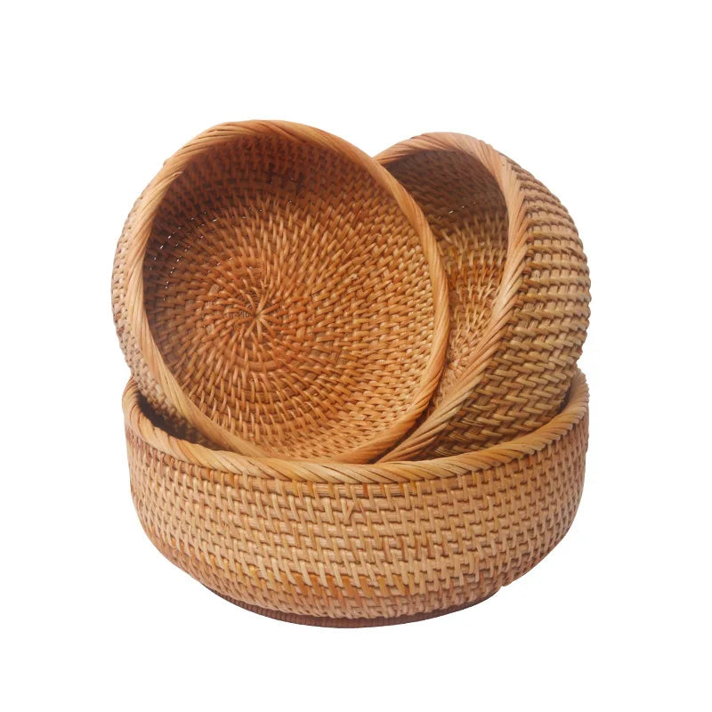 HEMU-Round Rattan Woven Basket, Wicker Fruit Basket, Bread Food, Kitchen Home Decor Organizer - vue 4 sur 12