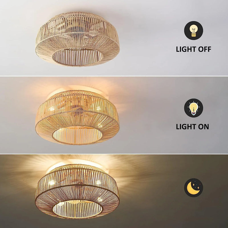 plafonnier ventilateur industriel avec lumière en bambou