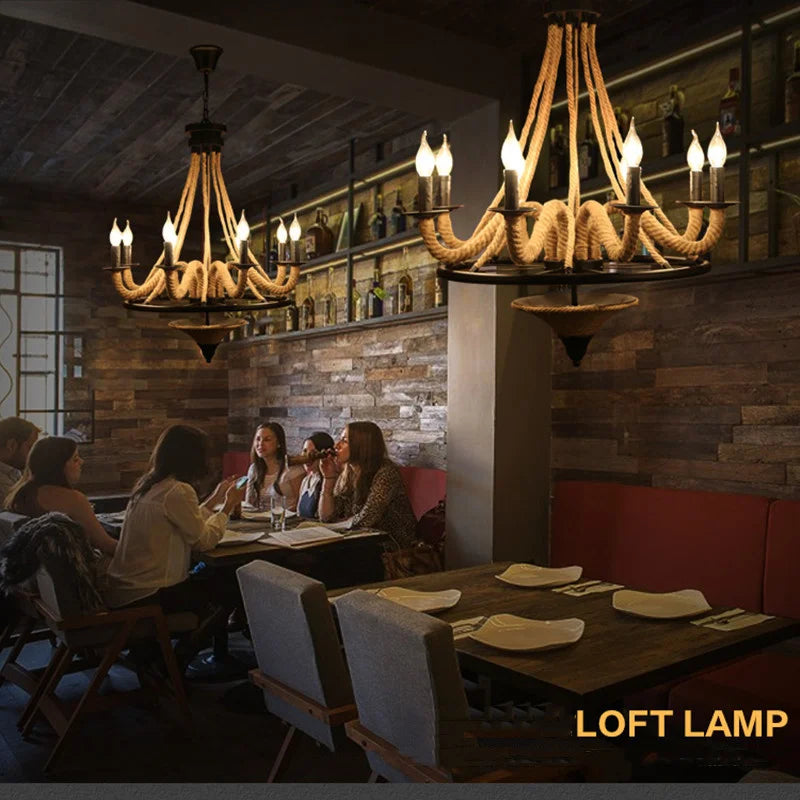 Loft américain lustre en bois nostalgique Restaurant salon Bar Internet café lumière lampe industrielle corde de chanvre suspension - vue 4 sur 7