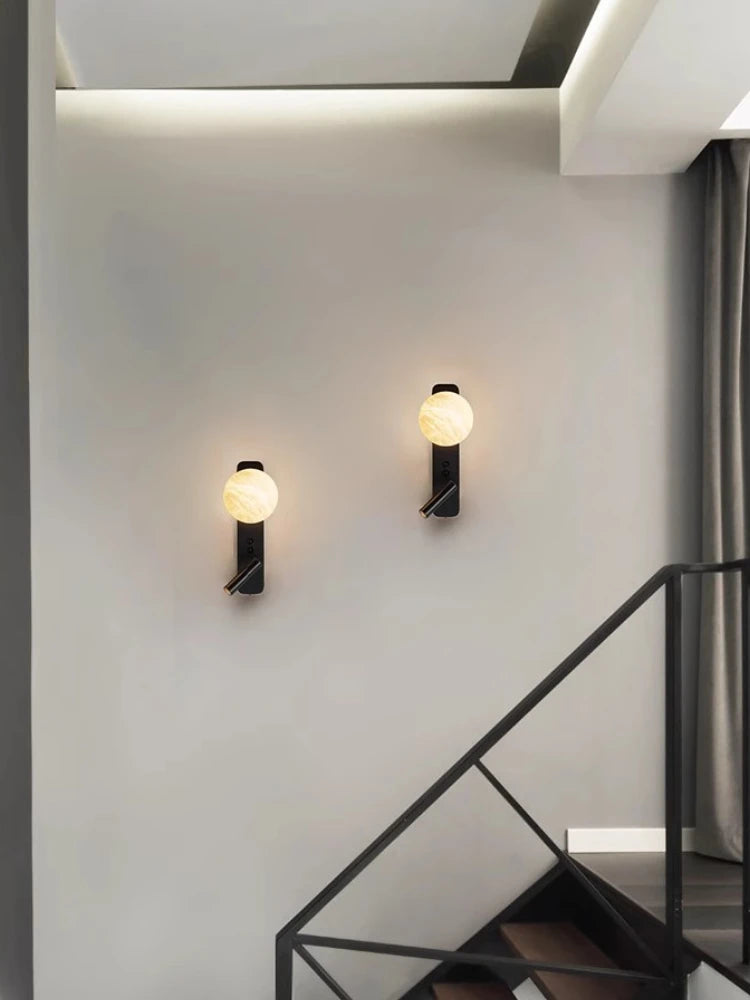 Modern Minimalist Black Rotatable All Copper Natural Marble Wall Lamp, Bedroom Bedside Lamp, Light Luxury Living Room Wall Lamp