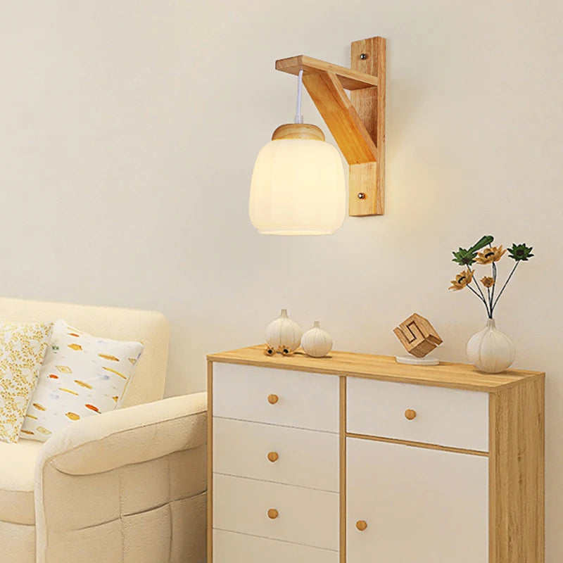 Japanese Wood Wall Lamp Wabi-sabi Style Bedside Light Fabric Lampshade Chinese Lantern Wall Light for Living Room Restaurant E27 - vue 5 sur 8