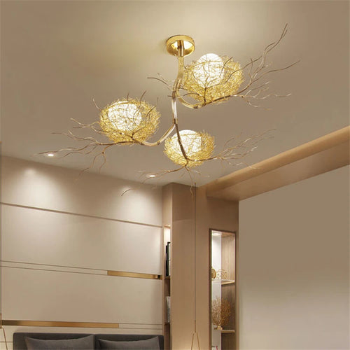 lustre moderne led en forme de nid d'oiseau en verre