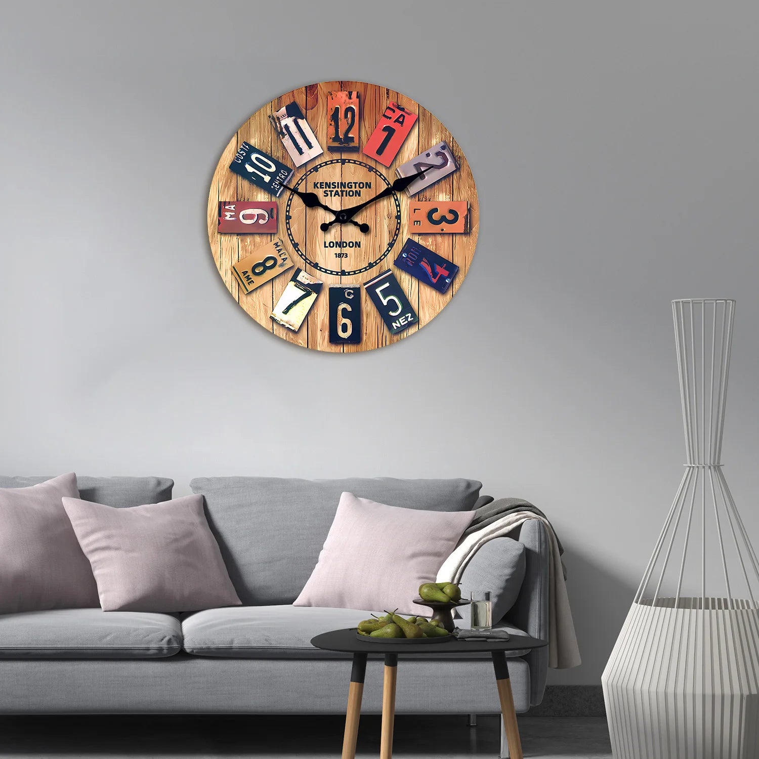 A Creative Retro Wooden Density Board Veneer Decorative Wall Clock, 1873 London Kaiston Station Element Pattern Design Wall Clock, Silent Silent Quartz Clock, Living Room Bedroom, Room Decoration, Mental Home Decoration, Birt - vue 5 sur 7
