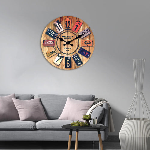 A Creative Retro Wooden Density Board Veneer Decorative Wall Clock, 1873 London Kaiston Station Element Pattern Design Wall Clock, Silent Silent Quartz Clock, Living Room Bedroom, Room Decoration, Mental Home Decoration, Birt - vue 6 sur 7