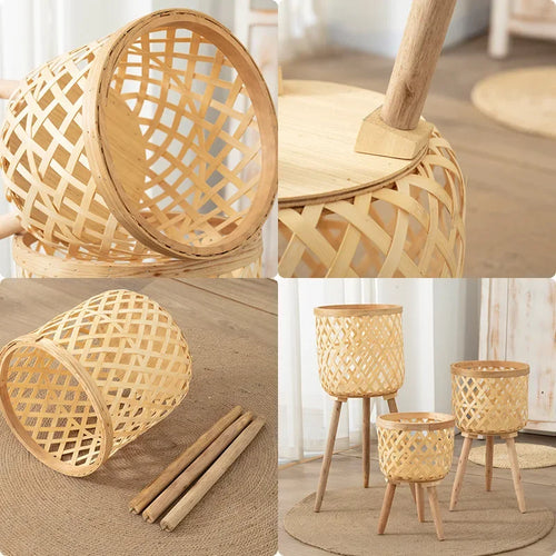 Nordic style rattan woven flower pot, indoor balcony, living room, plants, green ivy, hand woven wooden high legged floor flower - vue 3 sur 6